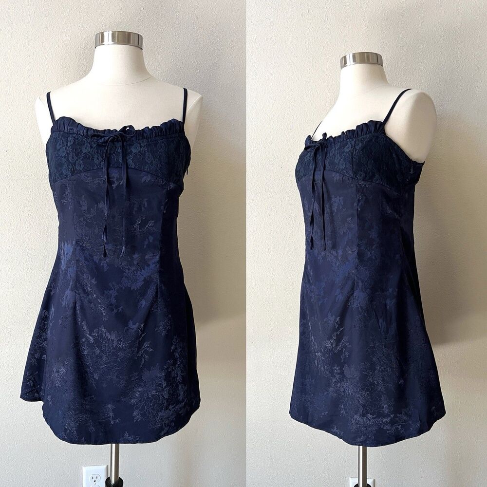 Cider Navy Satin Jacquard Floral Mini Slip Dress Coquette Lace Corset Medium Y2K